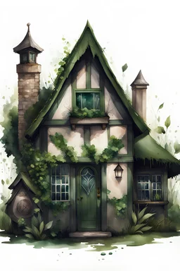 watercolor, dark style, dark green vintage witchs house with herbal decoction with emeralds and with grass and leaves, Trending on Artstation, {creative commons}, fanart, AIart, {Woolitize}, by Charlie Bowater, Illustration, Color Grading, Filmic, Nikon D750, Brenizer Method, Side-View, Perspective, Depth of Field, Field of View, F/2.8, Lens Flare, Tonal Colors, 8K, Full-HD, ProPhoto