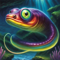 fantasy 90's tcg art of a rainbow eel with glowing eyes