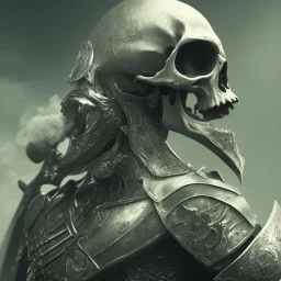 Skull headed knight with armor, Portrait head and shoulders, smoke, realistic, 8K, High Definition, Centered