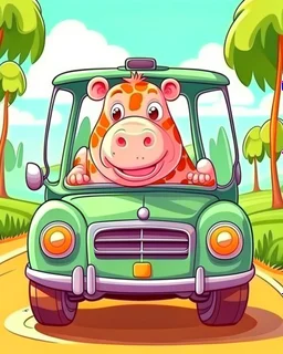 baby hippopotamus, cartoon style, safari background, driving a tourist car, colorful, high quality