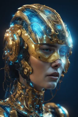 woman wearing a cyberpunk style shiny and slimy gold helmet with robotic features, the reflection on her face is made of glowing blue wires with intricate details, hyper realistic photography in the style of editorial pose, photorealistic, 8k, high render --v 6. 0 --ar 9:16