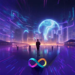 3D infinity symbol ∞, infinity figure-of-eight symbol is totally-symmetrical and brightly coloured, man standing with phone facing epic scene of building, glowing earth, water, network and lights, exotic, inspiring, fantasy, neon, friendly, beautiful, octane render, 8k post-production, artstation: award-winning: atmospheric: commanding: fantastical: clarity: 16k: ultra quality: striking: brilliance: liquid medium: stunning colors: amazing depth; lens: f/8, 28mm