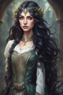 beautiful elven girl, with long wavy black hair, dressed in diplomatic attire