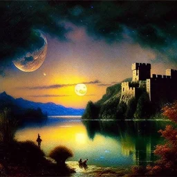 Drawing of 'Medieval Romanian Castle',bats,mountain,lake,full moon, by gaston bussiere, greg rutkowski, yoji shinkawa, yoshitaka amano, tsutomu nihei, donato giancola, tim hildebrandt, oil on canvas, cinematic composition, extreme detail,fit full head inside picture,16k