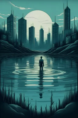 Art poster for a book about a fictional city with a lake. The character is in the lake. Dystopian fiction.