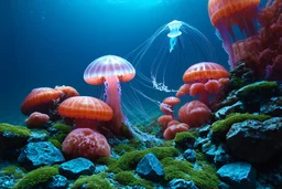 A machine jellyfish floating at the coral, clearly space in the middel and red coral reefs with landscape, organic shapes made from translucent materials and metallic hues, resembling. The scene includes wildflowers and other natural elements that appear to be melting into the forms, creating a dreamlike atmosphere. In the foreground is an array of small rocks covered in moss-like patterns adding depth to the competitions.