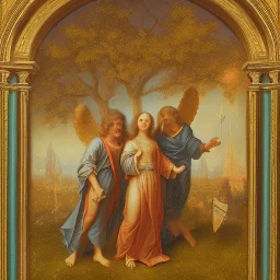 Lord appearing to Abraham at mamre's oak trees with two angels