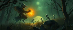 ninja necromancer in the wild, raising glowing raven skeleton giant babies