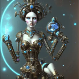 un robot steam punk gothic femme bleu fond galaxie