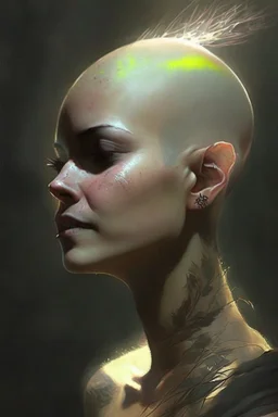 Her shaved head had the dark fuzz of new growth making her appear is if she were glowing with some inner light born of shadows.