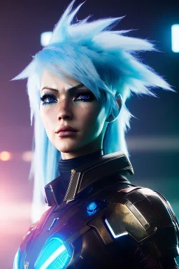 Cyborg anime warrior, light blue hair, blue eyes, waist up portrait, 8k resolution, intricate details, ornate details, soft lighting, vibrant colors, retroanime, masterpiece, intricate eyeliner, dark eyeshadow, eyes, intricate tattoos, futuristic cityscape background