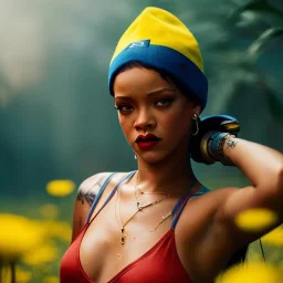 Rihanna as smurf with yellow flowers for hair,zoom eyes, closed eyes, rtx, reflection, 8k, glow, winning photography, caustics