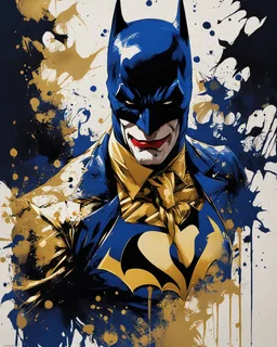 poster in two gradually, a one side Batman darkblue and other side Joker gold tones, painting by Yoji Shinkawa,