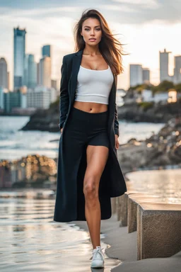 fullbody close up shot of young-beautiful-girl-with-a-perfect-face beach in modern city calm sea