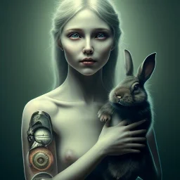 a cute smiling girl holding her bunny, tattoo in her face, michelangelo oil painting, steam punk, scary, horror, realistic, made in octane, cinematic, ultra-realistic, extremely detailed octane rendering, 8K, VRAY Super Real ar 2:3, dof photorealistic futuristic 50mm lens hard lighting dark gray tintype photograph, realistic lighting, sephia colors