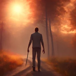 view of long road , man walking with blood hand , sun is blury