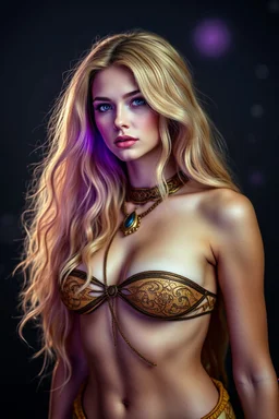 VERY BEAUTIFUL WOMAN FROM THE PLANET VENUS, WITH STRANGE CLOTHES ON HER BODY, LONG GOLDEN HAIR WITH A PURPLE AURA ON HER BODY