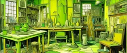A lime green cybernetic workshop designed in ancient Greek pottery painted by Maurice Utrillo