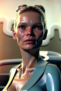 Ultra Realistic retro sci-fi, Supermarket parking scene, 1960 year, blonde woman, sweet young Kate moss face, x ray lights eyes, face makeup, tight latex coat, levitating cars, many panic people, Retro sci-fi style, soft color, highly detailed, unreal engine 5, ray tracing, RTX, lumen lighting, ultra detail, volumetric lighting, 3d, finely drawn, high definition, high resolution.