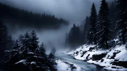 dark scenery,fir forrest scenery, heavy mist,mist shadows,valley,creek,forest,,tree,,nature,night,snow,fir tree,night