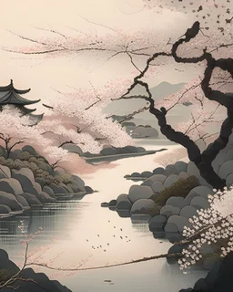 A serene, traditional Japanese scene, with a meandering river flowing through a picturesque landscape, and cherry blossoms gracefully falling from the trees. The composition is elegant and harmonious, with subtle, muted colors and delicate details, evoking a sense of timeless beauty.