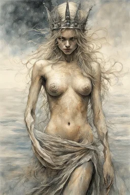 Hyper-photorealistic watercolor art style by Luis Royo & Dmitry Kustanovich, Surreal fine art etching of a figure by Luis Royo, tanned skin inscribed with the transient story of mortality, ethereal light playing with its form whispering tales of an eternal realm, eyes, black as the depths of the night, ardently pinand looking towards the endless skies, a crown of black hair mirroring the mystery of the cosmos around, whole scene tinged with an ethereal softness from volumetric lighting, hues gr,