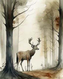 deer with antlers standing sideways, looking at viewer, water color painted, among tall simplified tree trunks, foggy