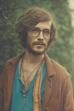 Hippie bohemian young man with Parisian bohemian look and glasses of colours and poor and short short short and poor hair on the head with receding hairline. Farsightedness glasses with big eyes. Long beard. Vintage look and feel like photo styleof the 70s