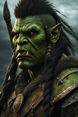 portrait of a green skinned orc warrior. braided hair. wearing ornaments. Carrying a battleaxe. High resolution. 4K. 8K. Fantasy style.