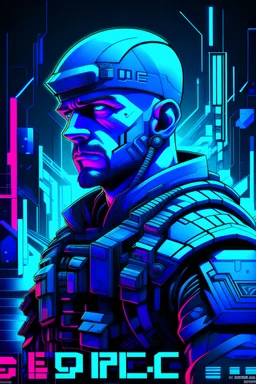us men soldier with rilfe, with blue background colour, neons in cyberpunk styles, with text SZCZEPAN