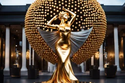 A magnificent golden and silver heart-shaped sign adorned with a stunning golden sphere encrusted with sparkling diamond clusters at its center, elegantly spinning in position,a golden statue of a girl in standing pose