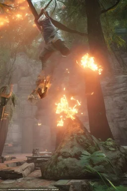 Tomb Raider, parkour action, ancient temple in jungle, torches, unreal engine 5