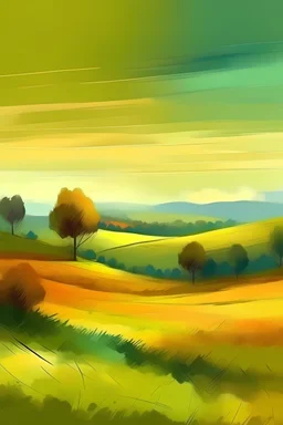 Abstract painting landscape background. sky. oil painting outdoor landscape on canvas. Semi- abstract tree, hill and field, meadow. Sunset landscape nature background