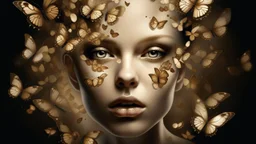 Surreal digital artwork featuring a close-up of a human face with a soft, pale complexion. The face is expressionless, with neutral lips and striking golden eyes that stare directly at the viewer. Its most distinctive feature is the multitude of delicate white and brown butterflies with intricate wing patterns that create its hairstyle, creating a whimsical and dreamlike effect. The background is a soft gray to light blue gradient. The overall style is imaginative and artistic.
