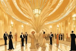 Inside an Art Deco Opera foyer, with mirrors and brass sconces, incandescent, gleaming, people in glittering extravagant costumes with feathers