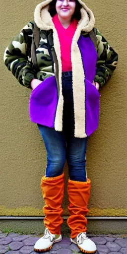 Brunette.thick thighs,thick calves,flat belly,curvy fell. big head. Mantle is sewed of upcycled Denim and sewed together of camouflage pieces. Pieces' color are orange, cream and purple. It is with big bright purple felt tippet and cream-colored-hood. mantle is merged with satchel. . Big AKG-style headphones (gold rings!) is merged with small felt cap with small visor. Style: Haute Couture in 1920's, N.Y.C fashion in 1996, inspired by street art. Cream latex gaiter. Her head and rest body visibl