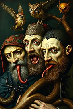 Hieronymus Bosch Style high quality picture in side people with snakes , men with perk mouths, owls, spiders