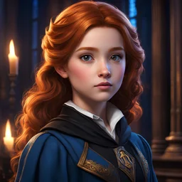 Cute Girl Hogwarts Legacy Ginger Ravenclaw, Brown Eyes, Black Roots, Great Hall, Romantic, 4K Realistic, Portrait,colorful8k resolution concept art, Greg Rutkowski,SIXMOREVODKA, pastel color, Nighttime Lighting, digital illustration, 4K, Hyperdetailed, Intricate Details, 3D shading, Art of Illusion