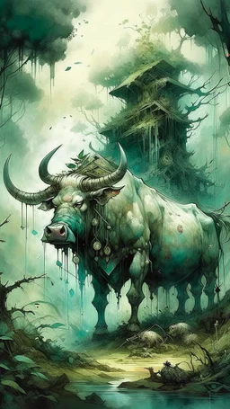 A bull or a horse with a wooden totem with spikes on it, in the middle of the forest. Opposite is a tree with a green-skinned man on it., by Ryohei Hase, Agnes Cecile, Raymond Swanland, Anne Bachelier