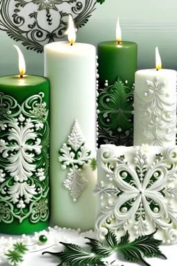 Beautiful white snow flakes l shape christmas art nouveau. Whiteand green candles in the snow , with snow covered christmas tree background adorned with sle ár nouveau embossed foral filigree embossed wie and green white glittering foral ornament, át nouveau style ribbed with dark deep green jade , silver chrystals platina patinated an white pearls ribbed, snow flakes around mineral stones snow covered and white pearls, white decadent art nouveau angelic style organic bio spinal ribbed detail of