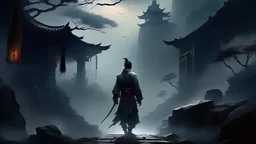 Create a poignant depiction of a lone hero departing in the realm of Jianghu, capturing the essence of solitude and melancholy in their silhouette. Emphasize the emotional weight of the moment, ensuring the backdrop and details convey a sense of the hero's departure from the martial world. Please infuse the scene with a touch of artistic drama, highlighting the hero's journey and the somber beauty of their departure.