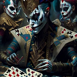 harlequin character, playing cards with other people , sf, intricate artwork masterpiece, ominous, matte painting movie poster, golden ratio, trending on cgsociety, intricate, epic, trending on artstation, by artgerm, h. r. giger and beksinski, highly detailed, vibrant, production cinematic character render, ultra high quality model Modifiers: highly detailed fantasy 8k portrait beautiful dynamic lighting hyperrealistic ultra detailed Unreal Engine colourful hdr cinematic postprocessing acrylic