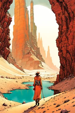 create a surreal, enigmatic, otherworldly, nomadic shepherdess inhabiting an ethereal desert canyon land in the comic book style of Jean Giraud Moebius, David Hoskins, and Enki Bilal, precisely drawn, inked, and colored