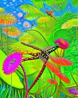 mystical venus fly trap, flowers, jungle, vibrant colours, impressionism, soft lighting. trees in background, dragonfly,