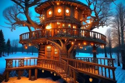 a huge tree in the middle of cold tundra wilderness, a warm and cozy treehouse on the tree, firelights, ornaments, christmas vibes, beautiful, comfy palace, home