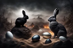 dark fantasy land with mystic, fog, deep cloros, burning landscape with mist, dark fantasy plants, silver and onix crystal eggs lying in sand, pale lights, rocks, weird surreal big dark rabbit-bird mutants, dark fantasy mood, sureal, high quality, high contrast, cinematic, atmospheric, weird mood