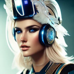 A beautiful portrait of a cute blond cyberpunk woman, high key lighting, volumetric light high details with white stripes and feathers and blue celtic paterns and helmet