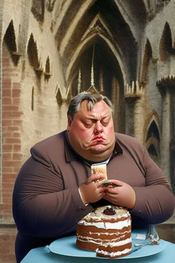 sad fat viktor orban eating cake in a castle