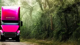 A Tesla semi-truck is parked, in a jungle of the Jurassic Period. CINEMATIC. WIDE ANGLE LENS. PHOTO REAL.