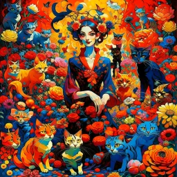 A mesmerizing fantasy scene features a French actor, Hélène Rollès, surrounded by a plethora of cats, all displaying delighted expressions. Surrounding the actor are peculiar, brightly colored flowers, which add a sense of whimsy and intrigue to the composition. Employing chiaroscuro and intense colors, the artwork boasts a colorful, vibrant background that enhances the depth of color throughout the piece. Exquisite details and perfect composition are evident, while natural lighting adds to the